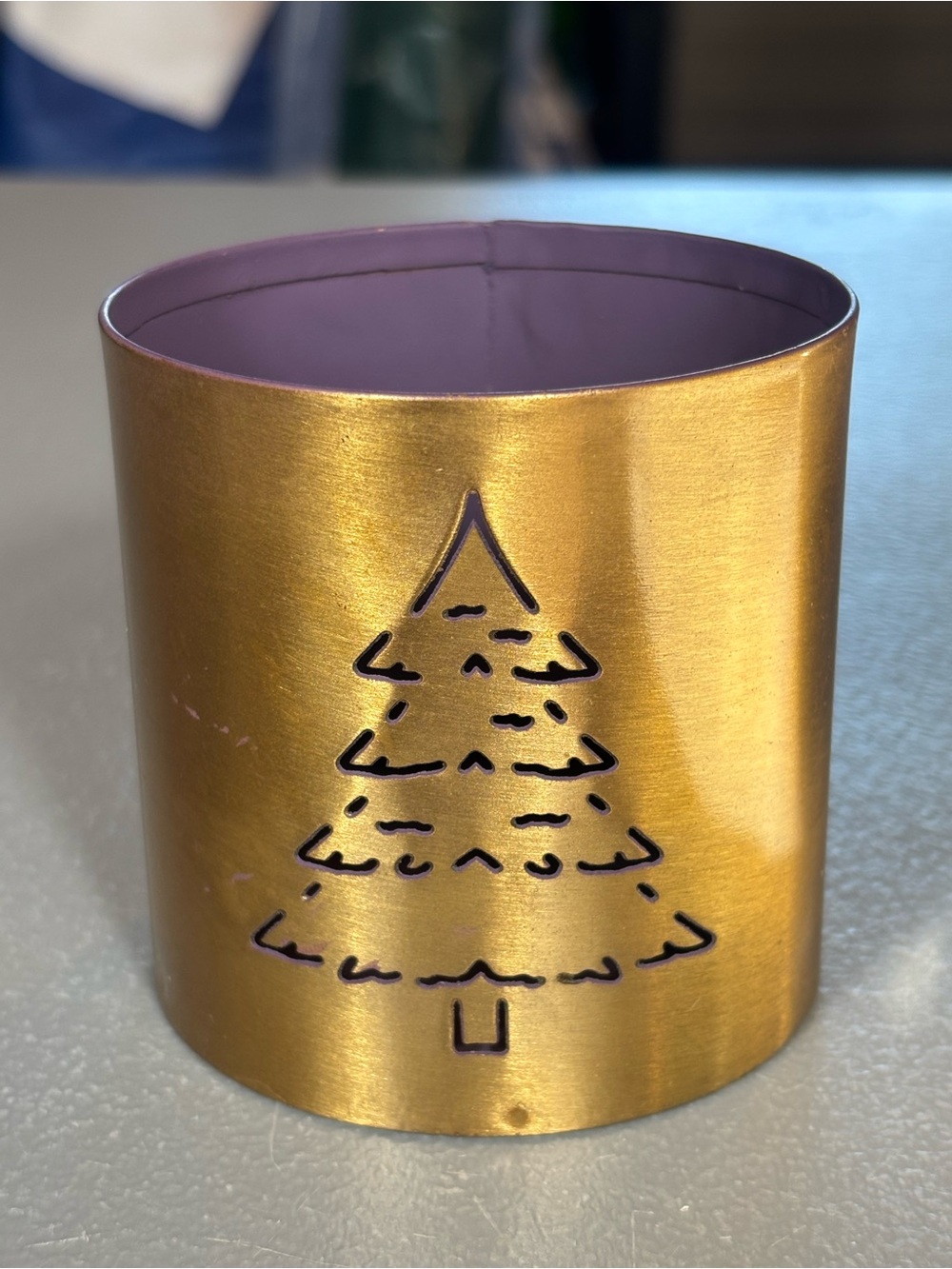 Gold Tone Christmas Tree Cutout Tealight Holder, Purple Interior Holiday Decor